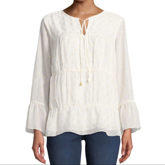M Kors Shirred Peasant Blouse w Metallic Detail - Picture 3 of 7